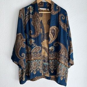 Soft Surroundings Blue & Gold Paisley Kimono Cardigan Boho Sz S/M